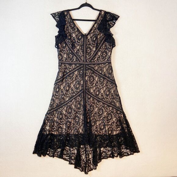 Taylor Black Lace Midi Dress Women's L (12-14) Flutter Sleeves Witchy Fairy Goth - Picture 7 of 11